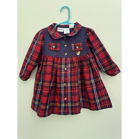 Vintage Okie Dokie 2T Plaid Dress Navy Red Bears Excellent Condition - Picture 1 of 8